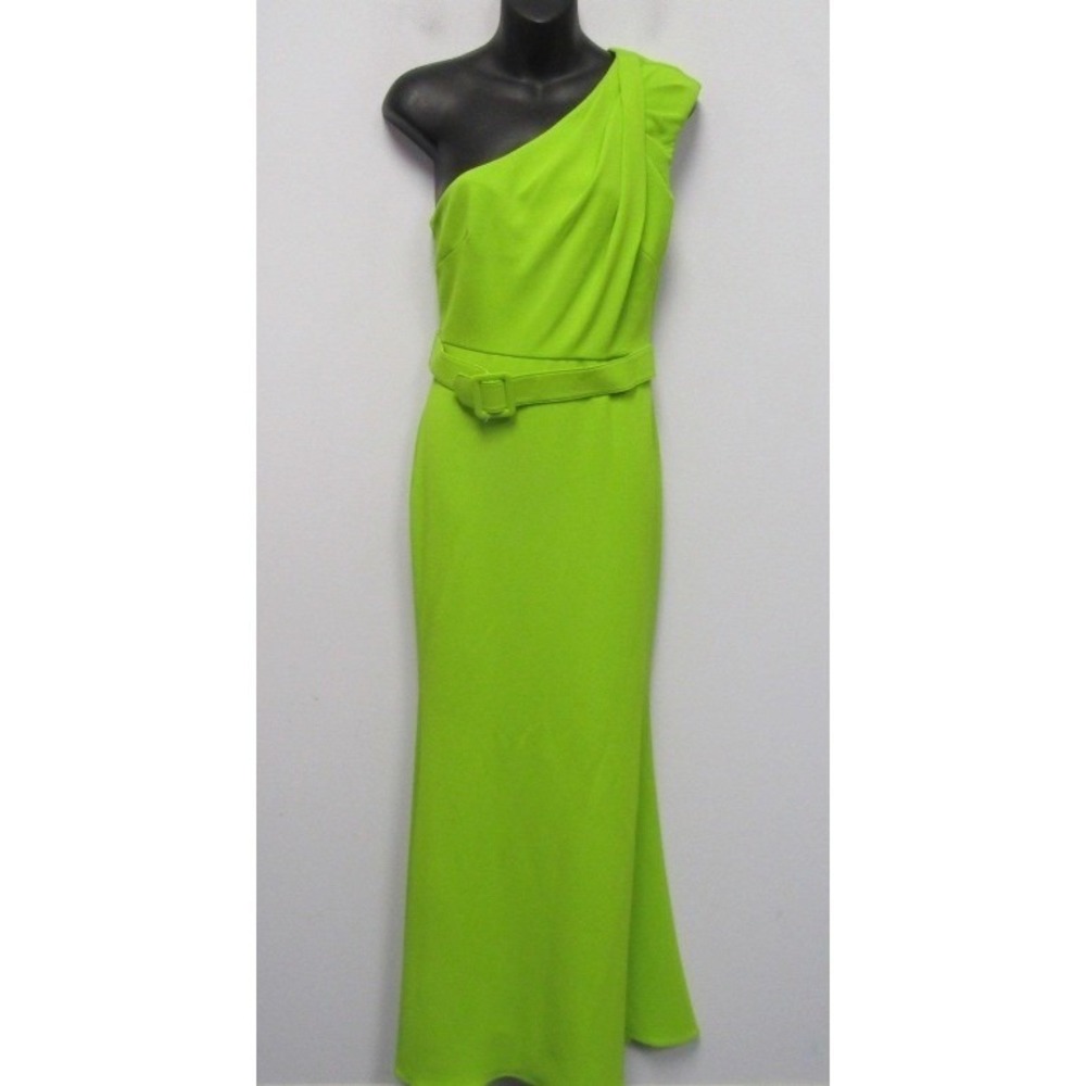 $895 Badgley Mischka Womens One Shoulder Belted Gown Lime Green Size 4 NWT - Picture 6 of 16